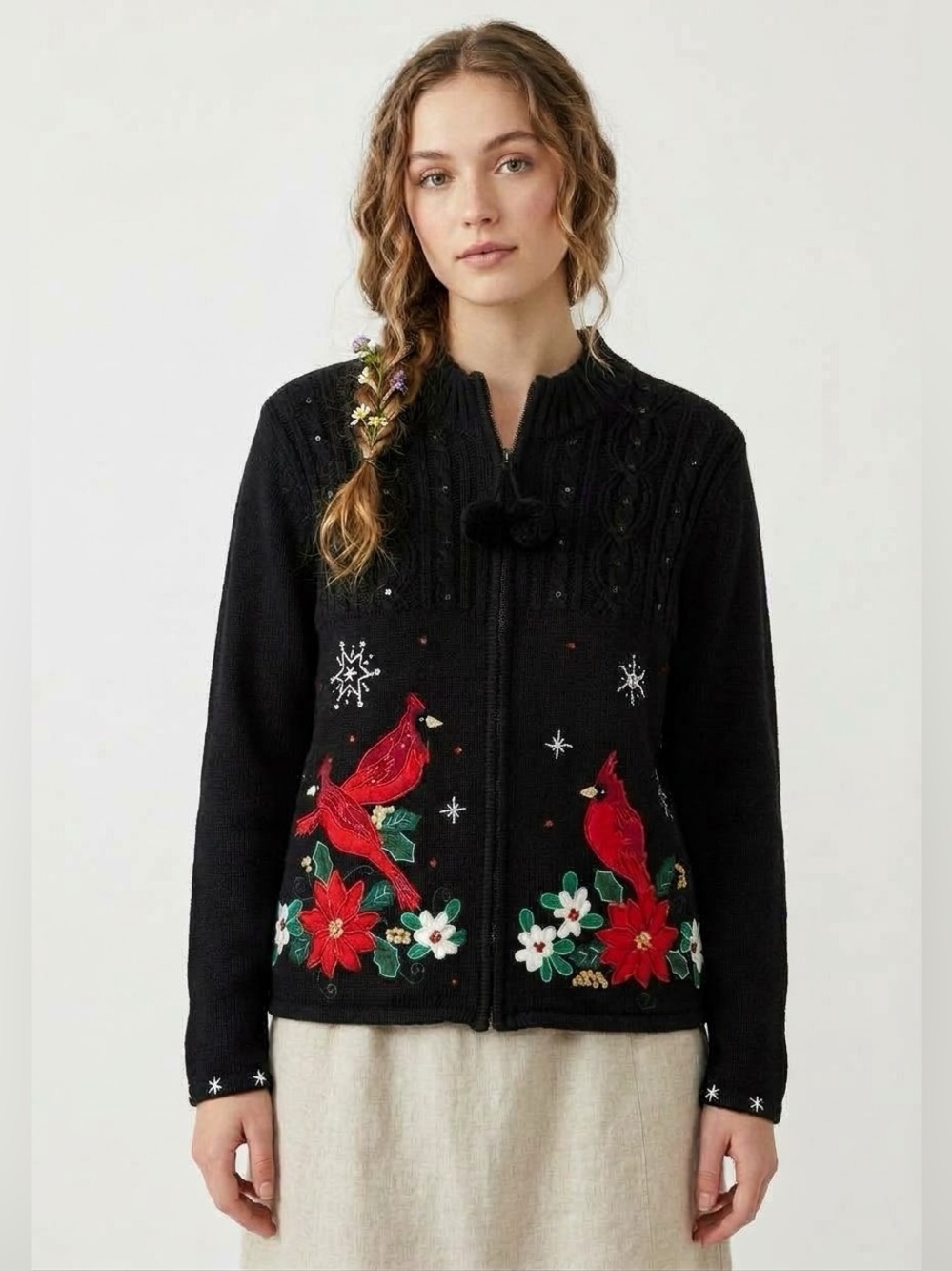 Vintage Ugly Christmas Sweater Red Cardinals Pom Pom Kitschy Cottagecore Granny